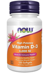 NOW Foods Vitamin D3 4000 IU supplement bottle, supports bone health and immune function, 120 softgels.
